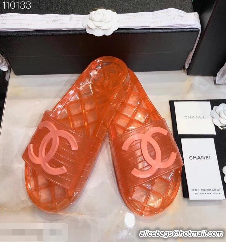 Low Cost Chanel CC Logo Transparent PVC Shower Shoes Mules Slipper Sandals 51501 Orange 2019