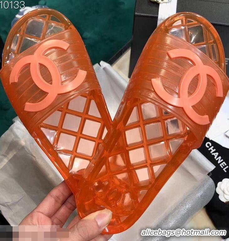 Low Cost Chanel CC Logo Transparent PVC Shower Shoes Mules Slipper Sandals 51501 Orange 2019