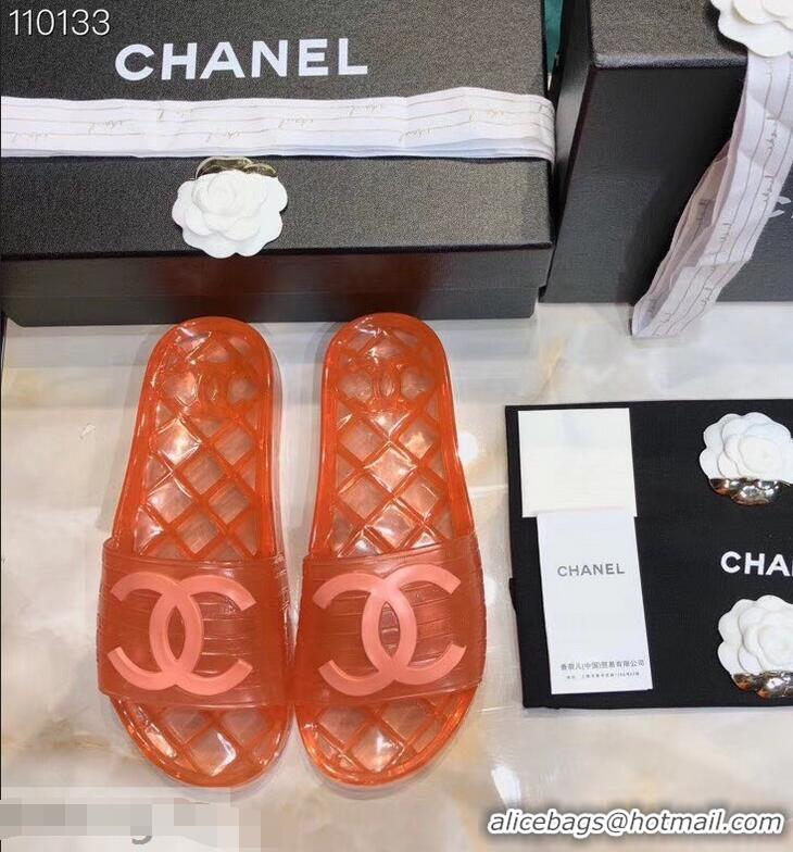 Low Cost Chanel CC Logo Transparent PVC Shower Shoes Mules Slipper Sandals 51501 Orange 2019