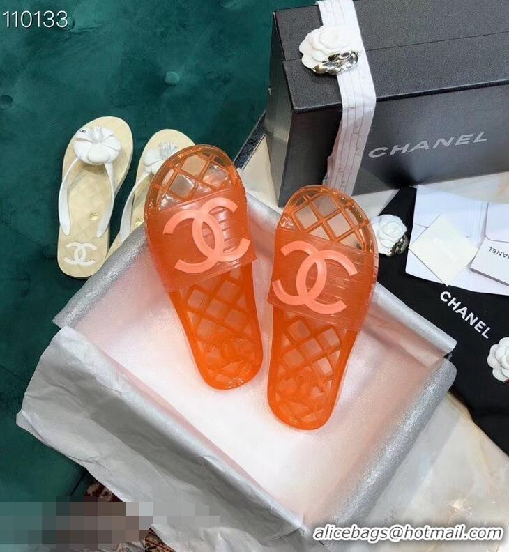 Low Cost Chanel CC Logo Transparent PVC Shower Shoes Mules Slipper Sandals 51501 Orange 2019