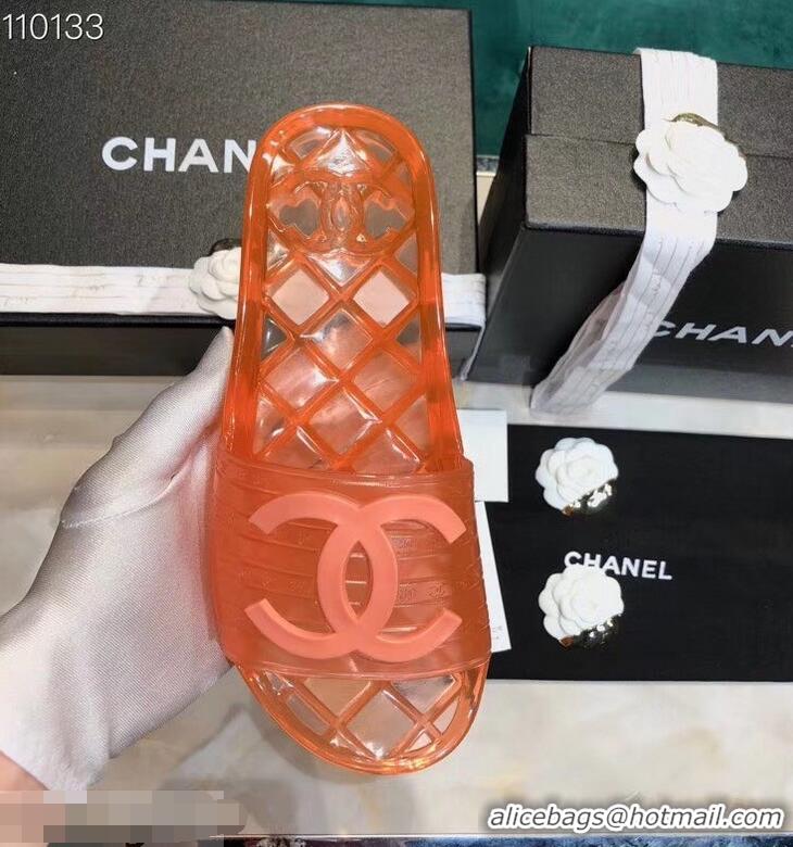 Low Cost Chanel CC Logo Transparent PVC Shower Shoes Mules Slipper Sandals 51501 Orange 2019