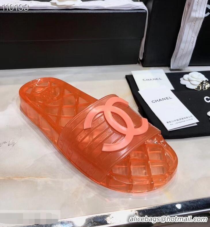 Low Cost Chanel CC Logo Transparent PVC Shower Shoes Mules Slipper Sandals 51501 Orange 2019