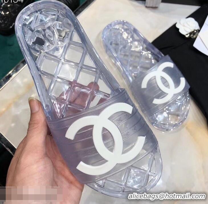 Imitation Chanel CC Logo Transparent PVC Shower Shoes Mules Slipper Sandals 51501 Silver 2019