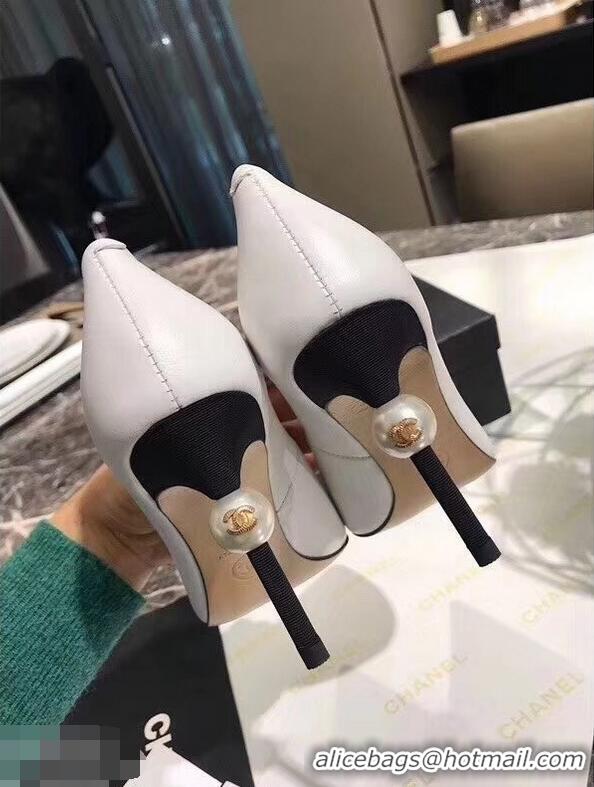 Shop Duplicate Chanel Pearl Heel 8.5cm Pumps G31983 White 2019