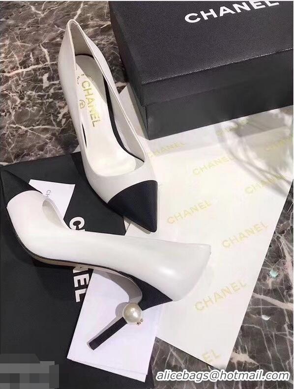 Shop Duplicate Chanel Pearl Heel 8.5cm Pumps G31983 White 2019