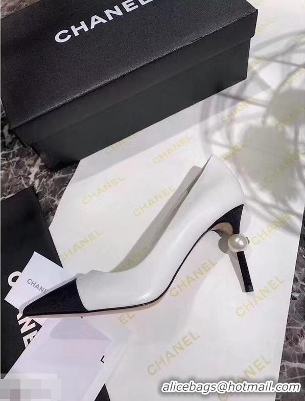 Shop Duplicate Chanel Pearl Heel 8.5cm Pumps G31983 White 2019