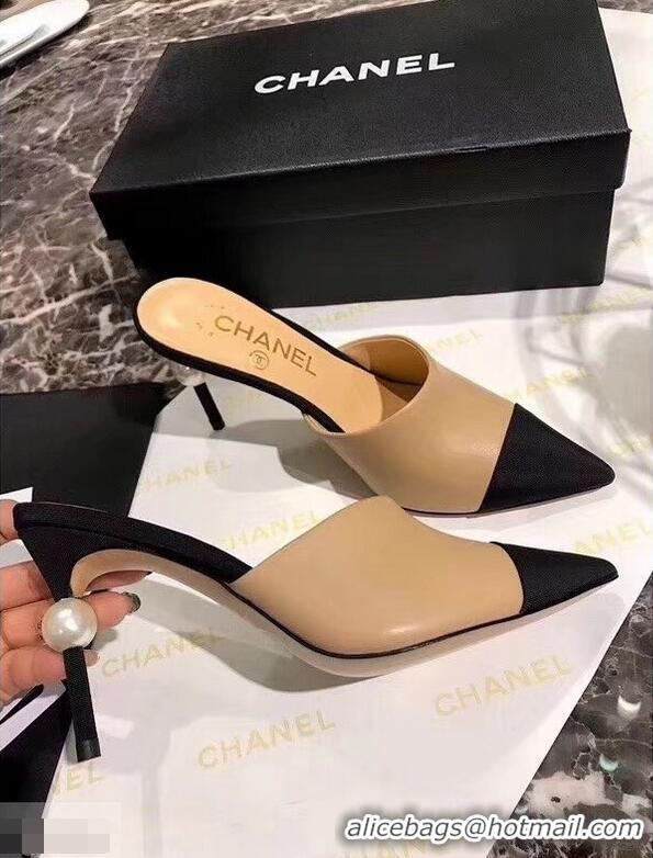 Popular Style Chanel Pearl Heel 8.5cm Mules G32100 Apricot 2019