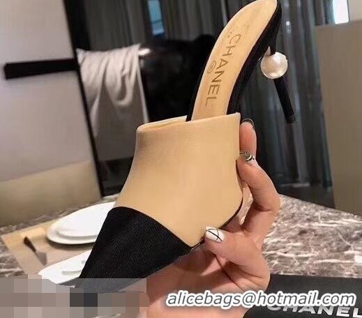 Popular Style Chanel Pearl Heel 8.5cm Mules G32100 Apricot 2019