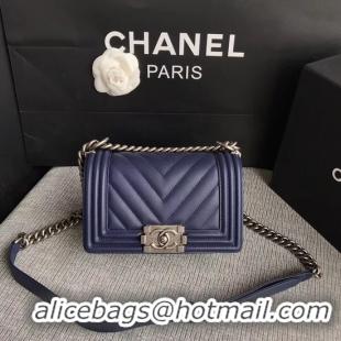 Unique Chanel Le Boy Flap Shoulder Bag Original Calf leather A67085 Dark Blue Silver Buckle