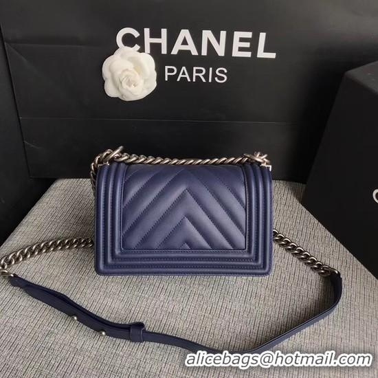 Unique Chanel Le Boy Flap Shoulder Bag Original Calf leather A67085 Dark Blue Silver Buckle