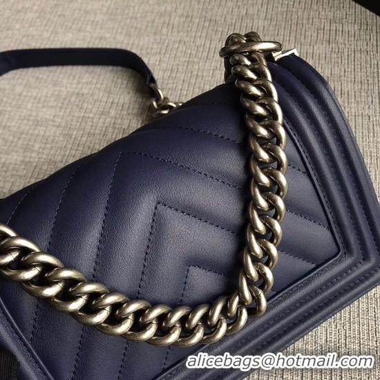 Unique Chanel Le Boy Flap Shoulder Bag Original Calf leather A67085 Dark Blue Silver Buckle