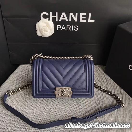 Unique Chanel Le Boy Flap Shoulder Bag Original Calf leather A67085 Dark Blue Silver Buckle