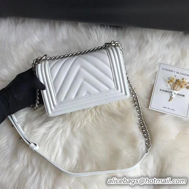 Reproduction Chanel Le Boy Original Caviar Leather Shoulder Bag A67085 White Silver Chain