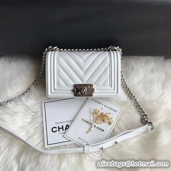 Reproduction Chanel Le Boy Original Caviar Leather Shoulder Bag A67085 White Silver Chain