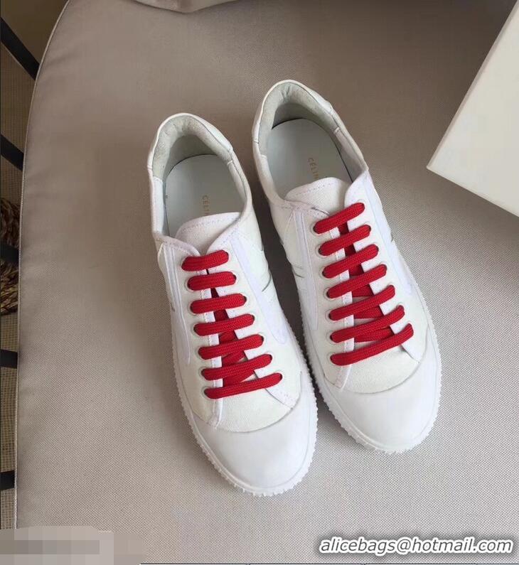 Inexpensive Celine Canvas Plimsole Lace Up Sneakers C72426 White/Red