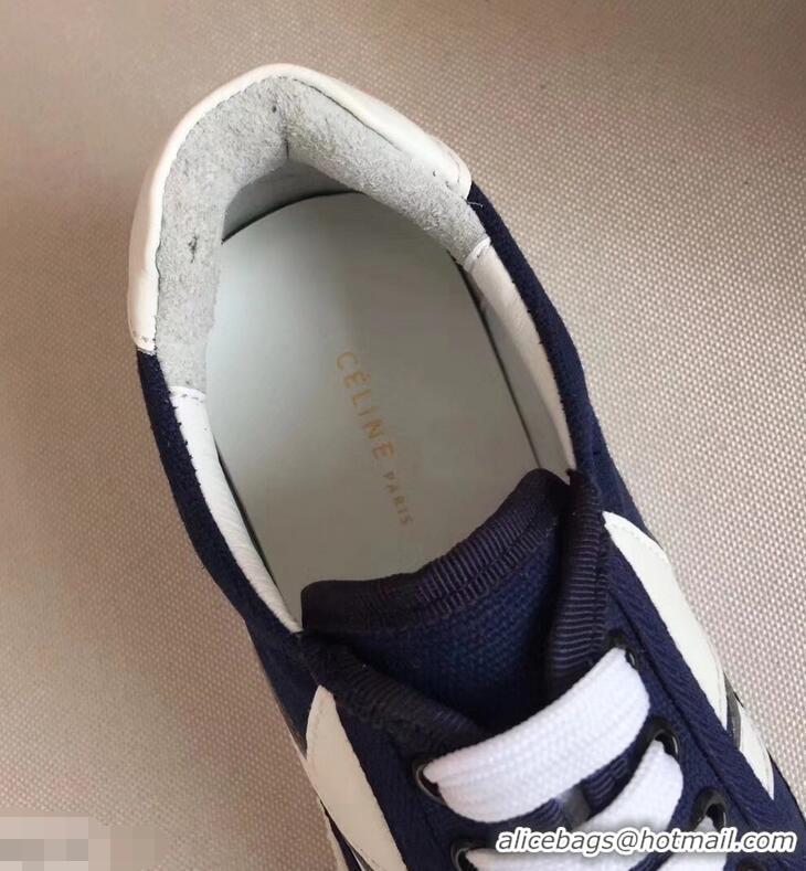 Fashion Discount Celine Canvas Plimsole Lace Up Sneakers C72426 White/Dark Blue