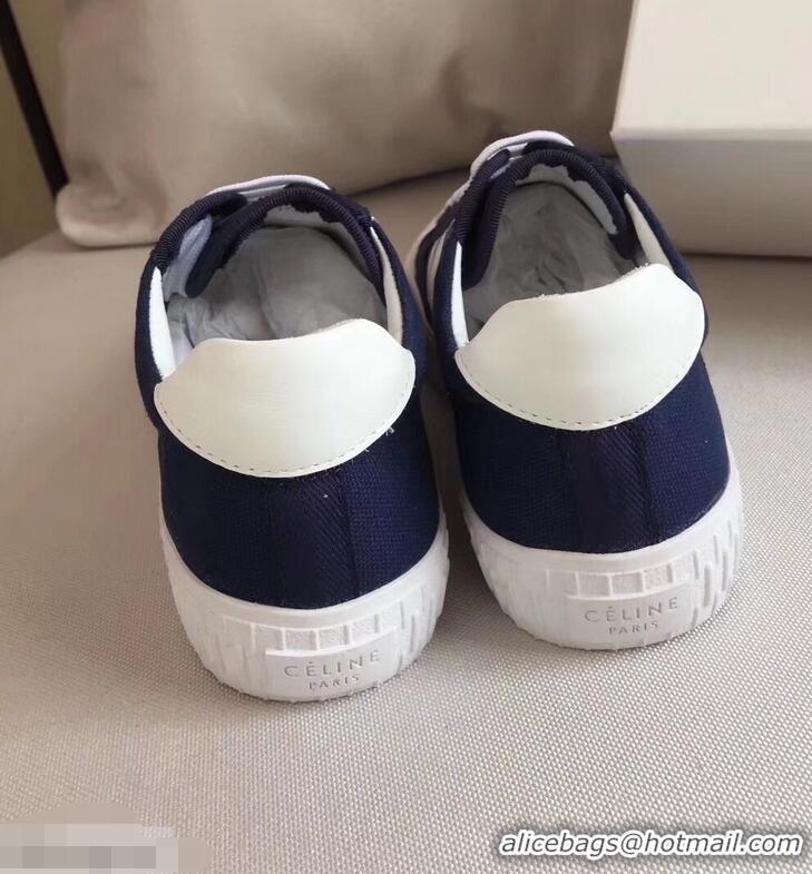 Fashion Discount Celine Canvas Plimsole Lace Up Sneakers C72426 White/Dark Blue