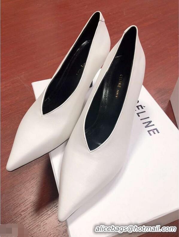 Imitation Celine Heel 7.5cm Leather Pointed-Toe Pumps C22509 Off White 2019