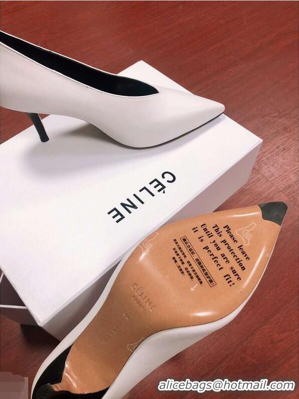 Imitation Celine Heel 7.5cm Leather Pointed-Toe Pumps C22509 Off White 2019