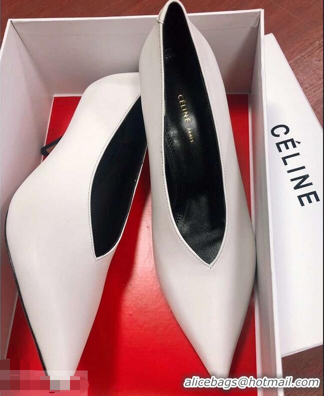 Imitation Celine Heel 7.5cm Leather Pointed-Toe Pumps C22509 Off White 2019