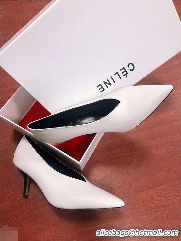 Imitation Celine Heel 7.5cm Leather Pointed-Toe Pumps C22509 Off White 2019