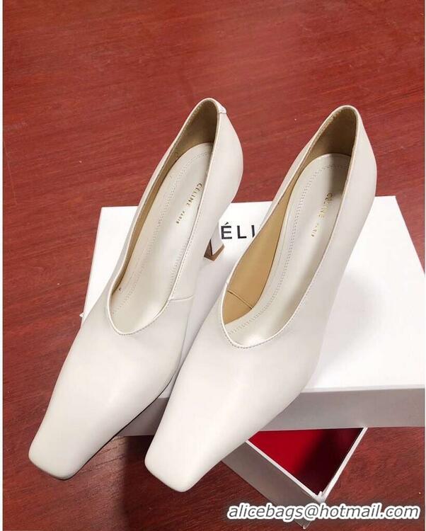 OFF Celine Heel 9.5cm Leather Square-Toe Pumps C22512 Off White 2019