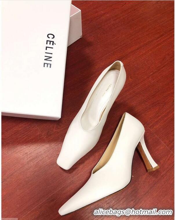 OFF Celine Heel 9.5cm Leather Square-Toe Pumps C22512 Off White 2019