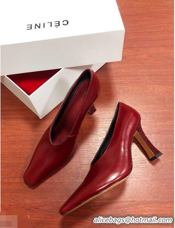 Top Quality Celine Heel 9.5cm Leather Square-Toe Pumps C22512 Burgundy 2019