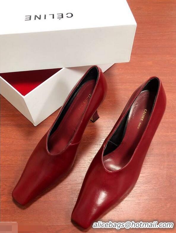 Top Quality Celine Heel 9.5cm Leather Square-Toe Pumps C22512 Burgundy 2019