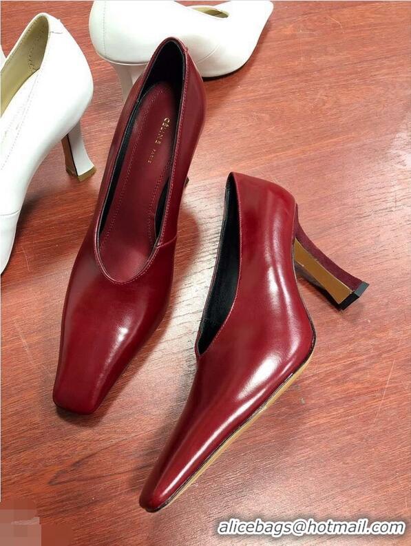 Top Quality Celine Heel 9.5cm Leather Square-Toe Pumps C22512 Burgundy 2019