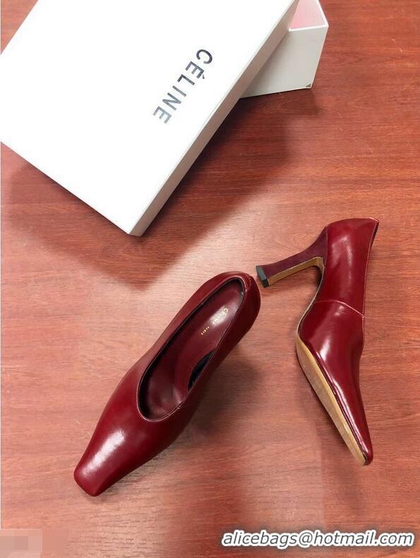 Top Quality Celine Heel 9.5cm Leather Square-Toe Pumps C22512 Burgundy 2019