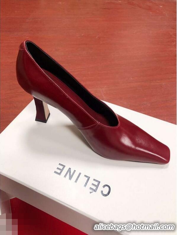 Top Quality Celine Heel 9.5cm Leather Square-Toe Pumps C22512 Burgundy 2019