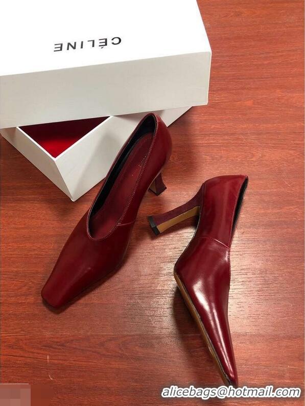 Top Quality Celine Heel 9.5cm Leather Square-Toe Pumps C22512 Burgundy 2019