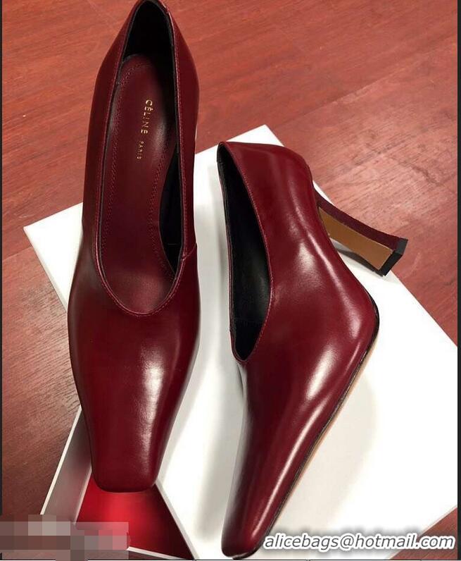 Top Quality Celine Heel 9.5cm Leather Square-Toe Pumps C22512 Burgundy 2019