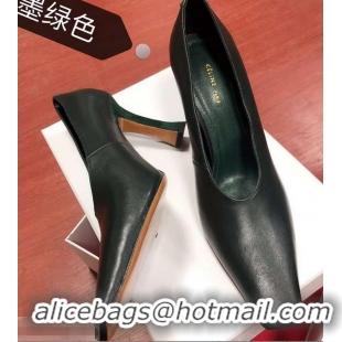 New Fashion Celine Heel 9.5cm Leather Square-Toe Pumps C22512 Dark Green 2019