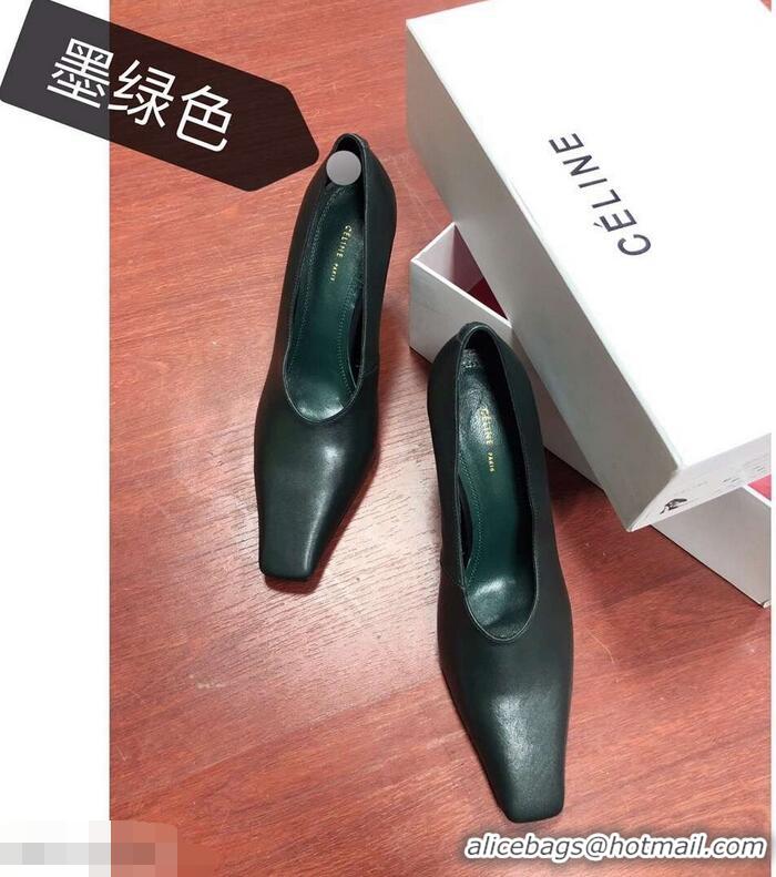 New Fashion Celine Heel 9.5cm Leather Square-Toe Pumps C22512 Dark Green 2019