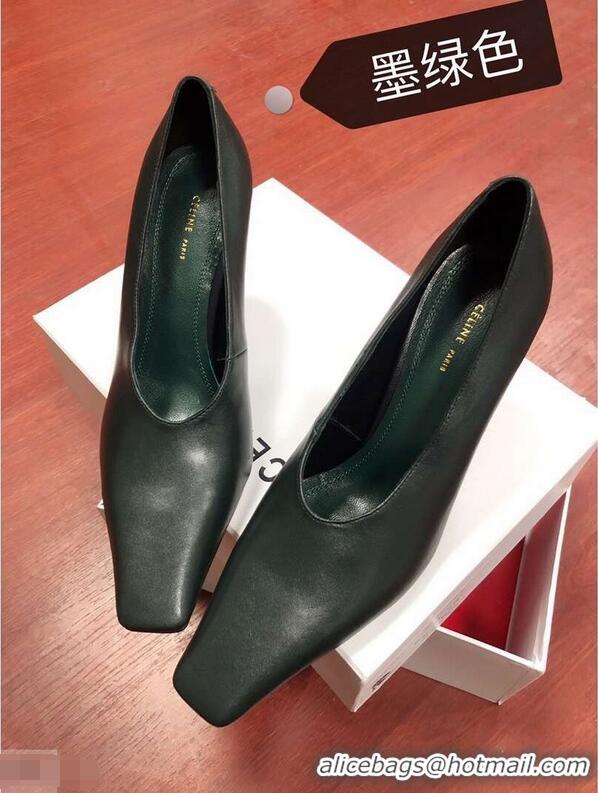 New Fashion Celine Heel 9.5cm Leather Square-Toe Pumps C22512 Dark Green 2019