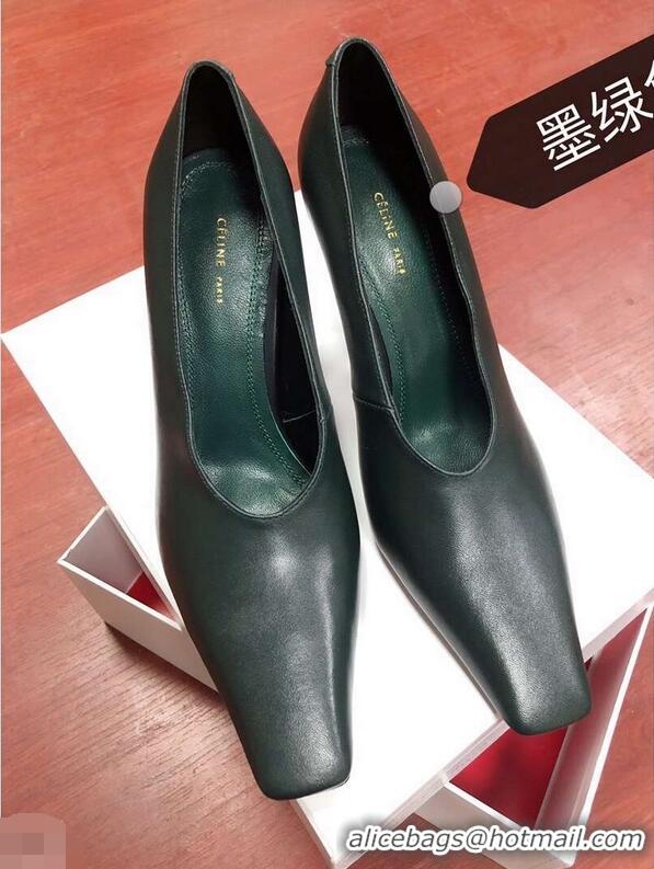 New Fashion Celine Heel 9.5cm Leather Square-Toe Pumps C22512 Dark Green 2019