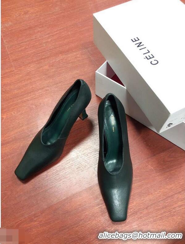 New Fashion Celine Heel 9.5cm Leather Square-Toe Pumps C22512 Dark Green 2019