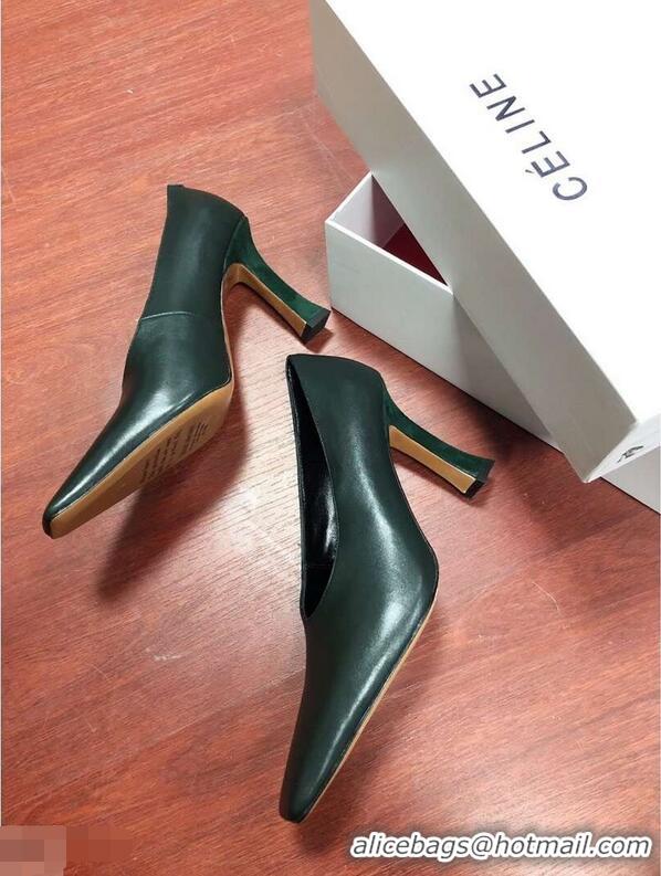 New Fashion Celine Heel 9.5cm Leather Square-Toe Pumps C22512 Dark Green 2019