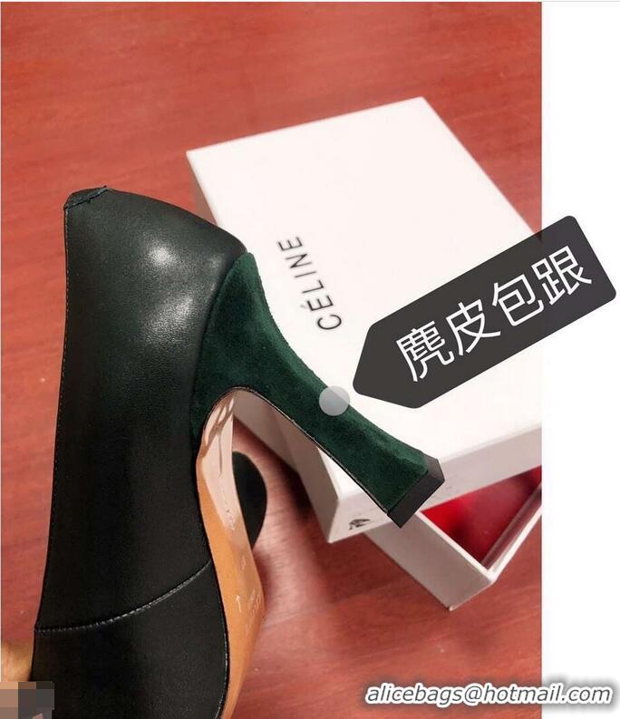 New Fashion Celine Heel 9.5cm Leather Square-Toe Pumps C22512 Dark Green 2019