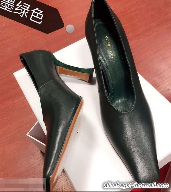 New Fashion Celine Heel 9.5cm Leather Square-Toe Pumps C22512 Dark Green 2019