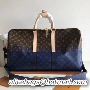 Wholesale Louis Vuitton Monogram Macassar Canvas Keepall 50 Strap M43817 Blue & Brown