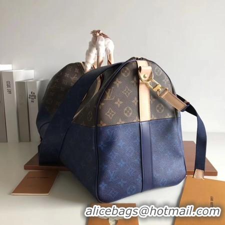 Wholesale Louis Vuitton Monogram Macassar Canvas Keepall 50 Strap M43817 Blue & Brown