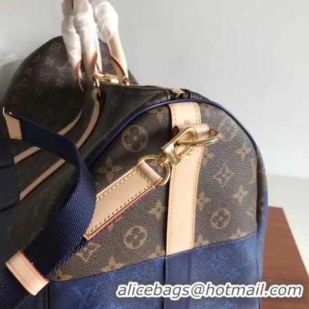 Wholesale Louis Vuitton Monogram Macassar Canvas Keepall 50 Strap M43817 Blue & Brown