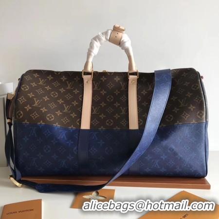 Wholesale Louis Vuitton Monogram Macassar Canvas Keepall 50 Strap M43817 Blue & Brown