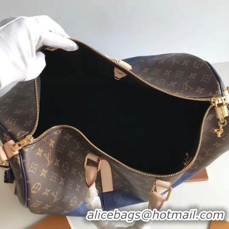 Wholesale Louis Vuitton Monogram Macassar Canvas Keepall 50 Strap M43817 Blue & Brown