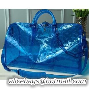 New Arrivals Louis Vuitton Transparent embossed Monogram PVC Keepall Bandouliere 50 M53272 Blue 2019