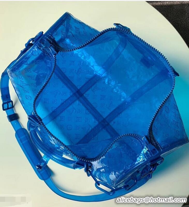 New Arrivals Louis Vuitton Transparent embossed Monogram PVC Keepall Bandouliere 50 M53272 Blue 2019