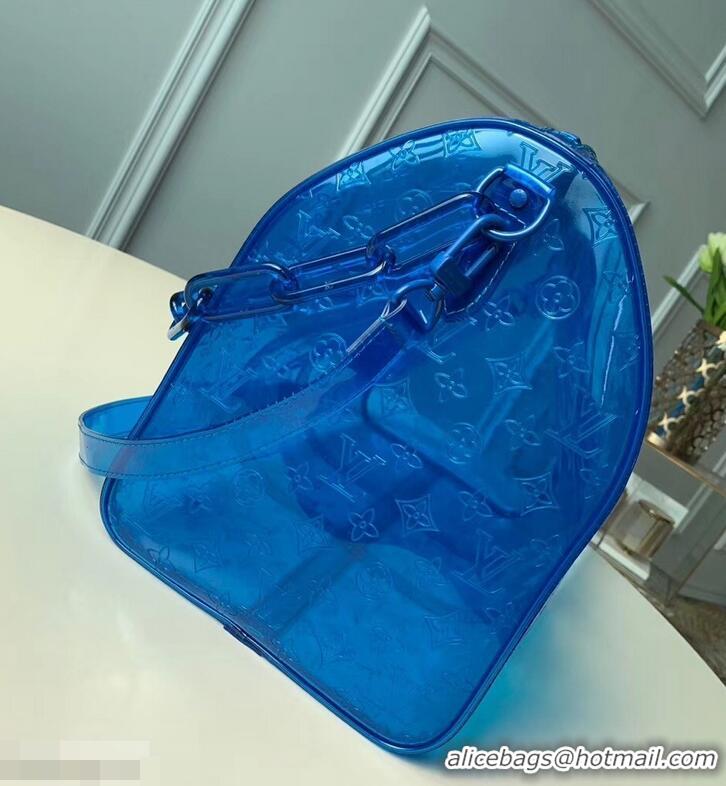 New Arrivals Louis Vuitton Transparent embossed Monogram PVC Keepall Bandouliere 50 M53272 Blue 2019